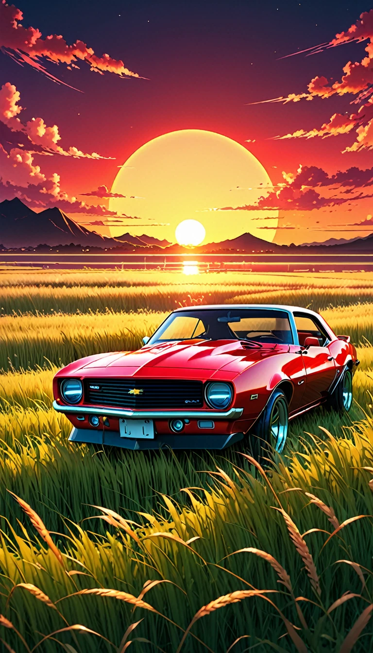 anime landscape of A red classic Camaro sits in a field of tall grass with a sunset in the background.beautiful anime scene, beautiful anime peace scene, Makoto Shinkai Cyril Rolando, beautiful anime scene, amazing wallpaper, anime art wallpaper 8k, anime background, artistic anime background, anime wallpaper 4k, anime art 4k wallpaper, anime wallpaper art 4k,