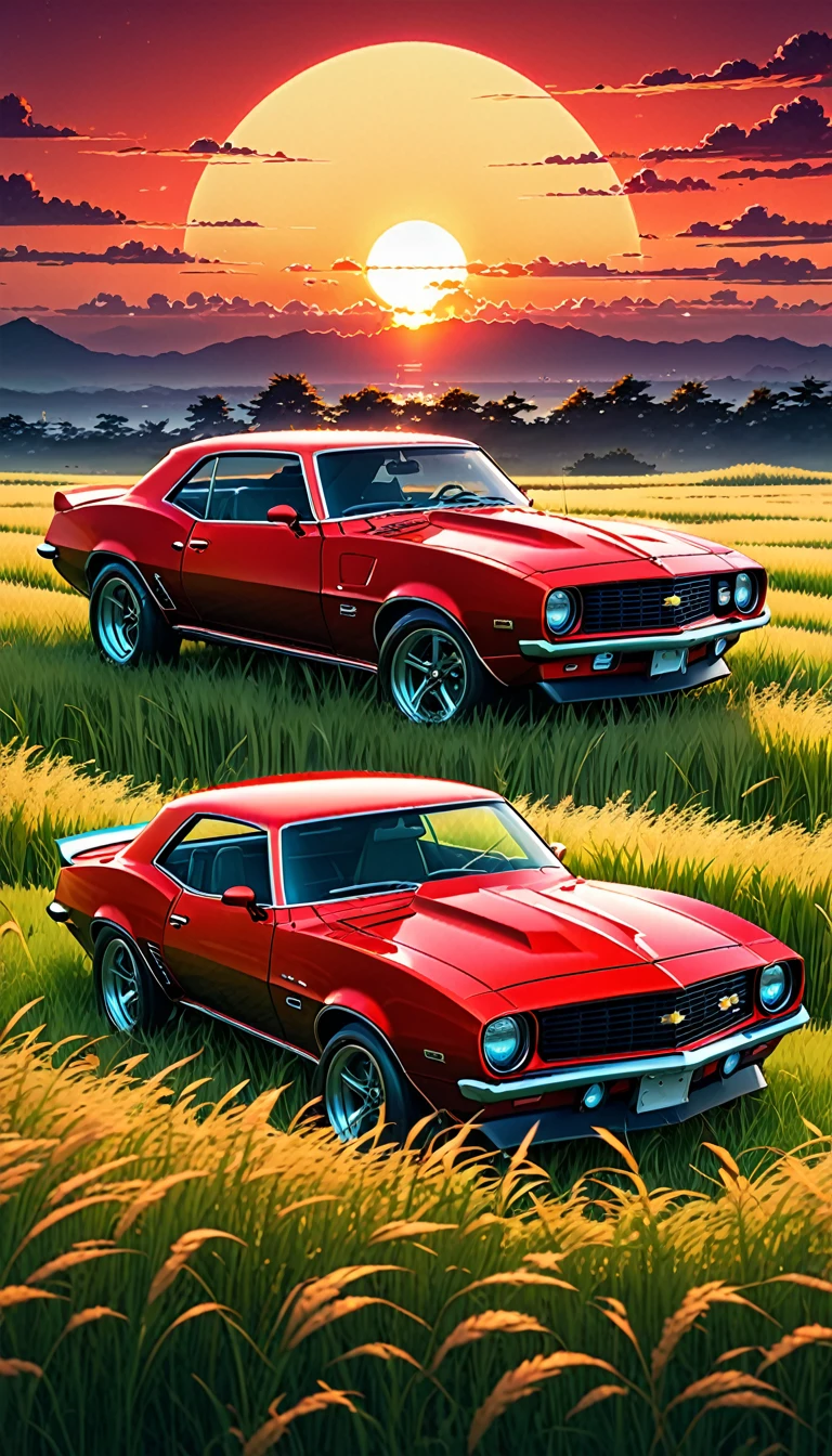 anime landscape of A red classic Camaro sits in a field of tall grass with a sunset in the background.beautiful anime scene, beautiful anime peace scene, Makoto Shinkai Cyril Rolando, beautiful anime scene, amazing wallpaper, anime art wallpaper 8k, anime background, artistic anime background, anime wallpaper 4k, anime art 4k wallpaper, anime wallpaper art 4k,
