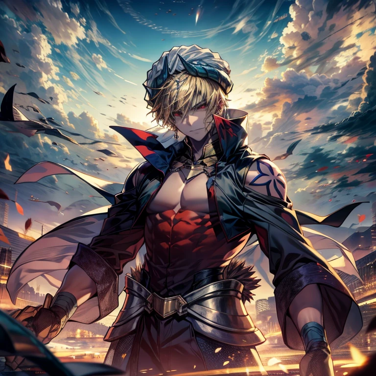 8K, Mouthpiece, ((One beautiful man)),((Fate Stay Night Drawing)), Gilgamesh Male Solo, Emperor, whole body, Fighting on a Desolate Hill, Visibility is poor due to dust, ((One beautiful man)), ((Red eyes)), Long Hair, blonde, Wrap a turban around your head, (background: Countless swords floating in the air, All facing the same direction, Different types of swords),