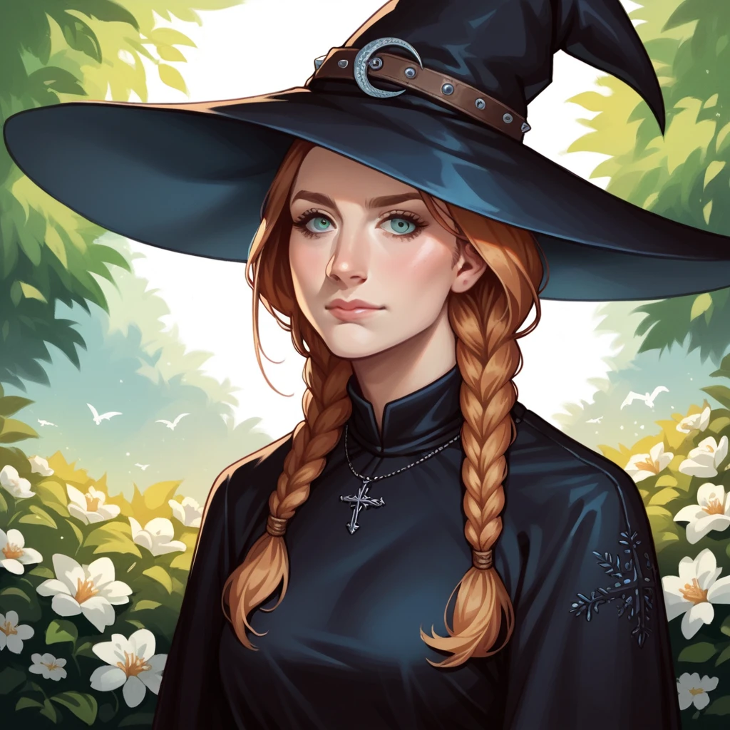 score_9, score_8_up, score_7_up, score_6_up, source_anime, ATLA style, anime 2d, a beautiful woman, medieval witch, wearing a modest black dress, black double braided hair, (saoxrnn),