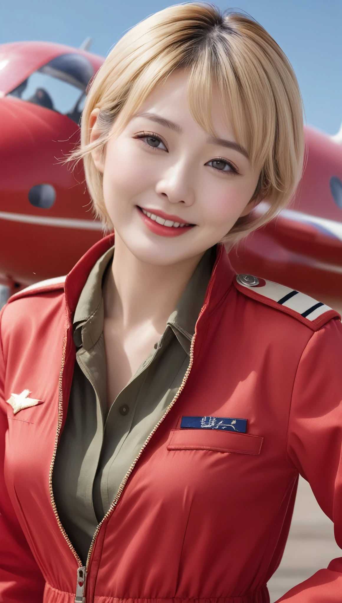 (Hyper Real)、将来のFemale pilot、
Huge　Beautiful woman　High resolution　High resolution　Realistic　short hair　blonde、　blondeの女性、Mature Woman、Middle-aged women、Delicate skin texture、超High resolution、Realistic、Chubby body type、Beautiful smile、Middle-aged beauty、Beautiful expression、Fluffy golden hair、非常に繊細でDelicate skin texture、３５old woman、Female pilot 、Red lips、((Wear a red flight suit))、(((alone)))、