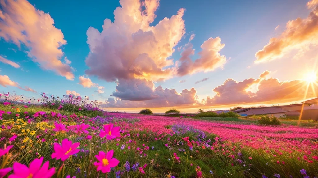 Under the expanse of blue sky, Vibrant flowers reach out towards the sun, Pink and white petals open. When the golden sun begins to rise、Fluffy clouds float leisurely in the background, Casting a warm glow on the tranquil landscape. This great photo is、It captures the essence of a serene morning., Where nature awakens in a symphony of color and light. Crisp and vivid details, Inviting viewers to immerse themselves in the beauty of the beginning of a new day.