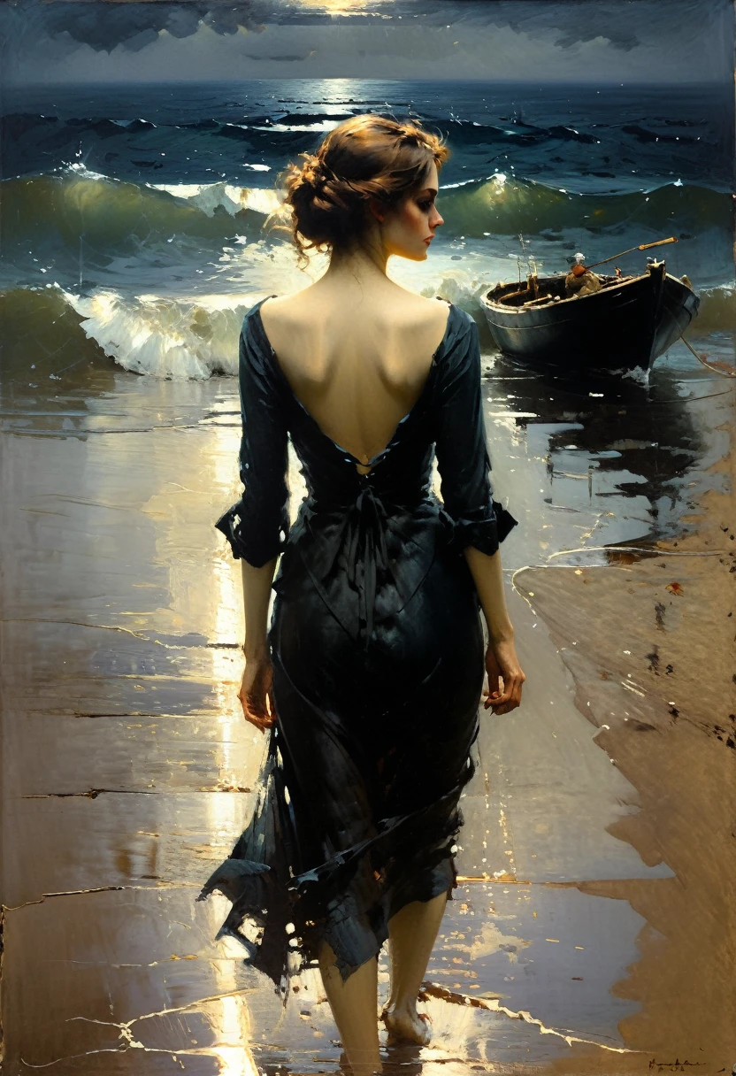 from the sea. work of art. best qualityer. beautiful cinematic impressionist painting, Dark dramatic character, from the seain the style of Jeremy Mann and Charles Dana Gibson, Marcos Demsteader, Paulo Hedley. from the sea