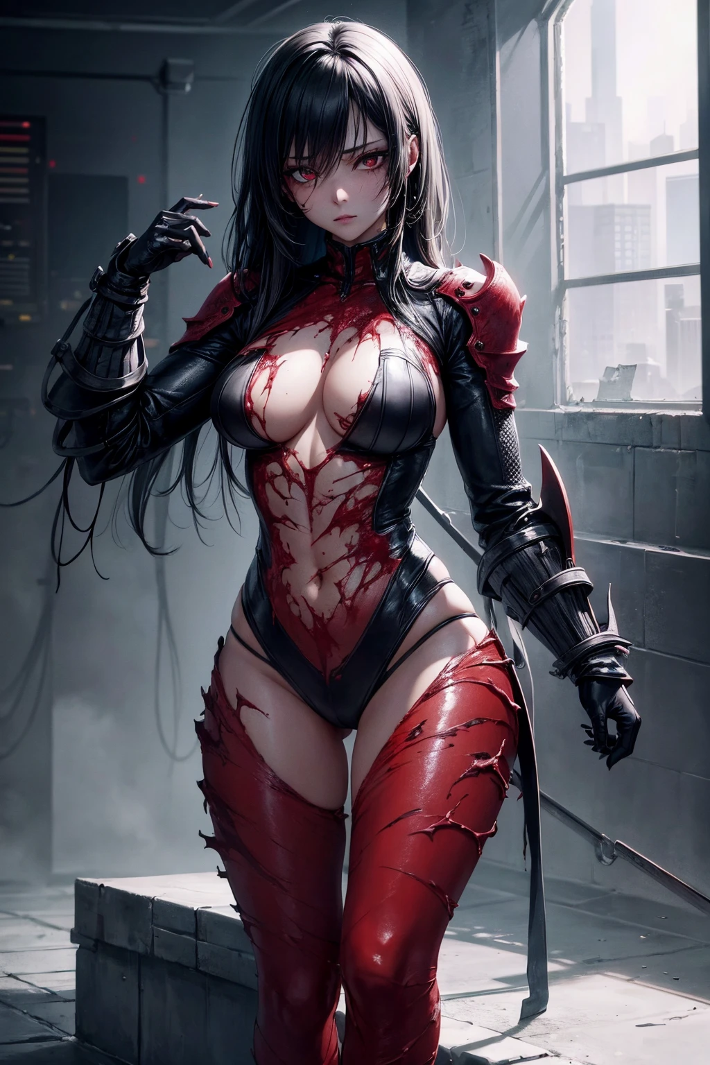 Last girl standing in end of the world, vampire Apocalypse, ((black hair, red highlights)), glowing blue eyes, huge perfect breast,, blood splatter, vampire walking around,