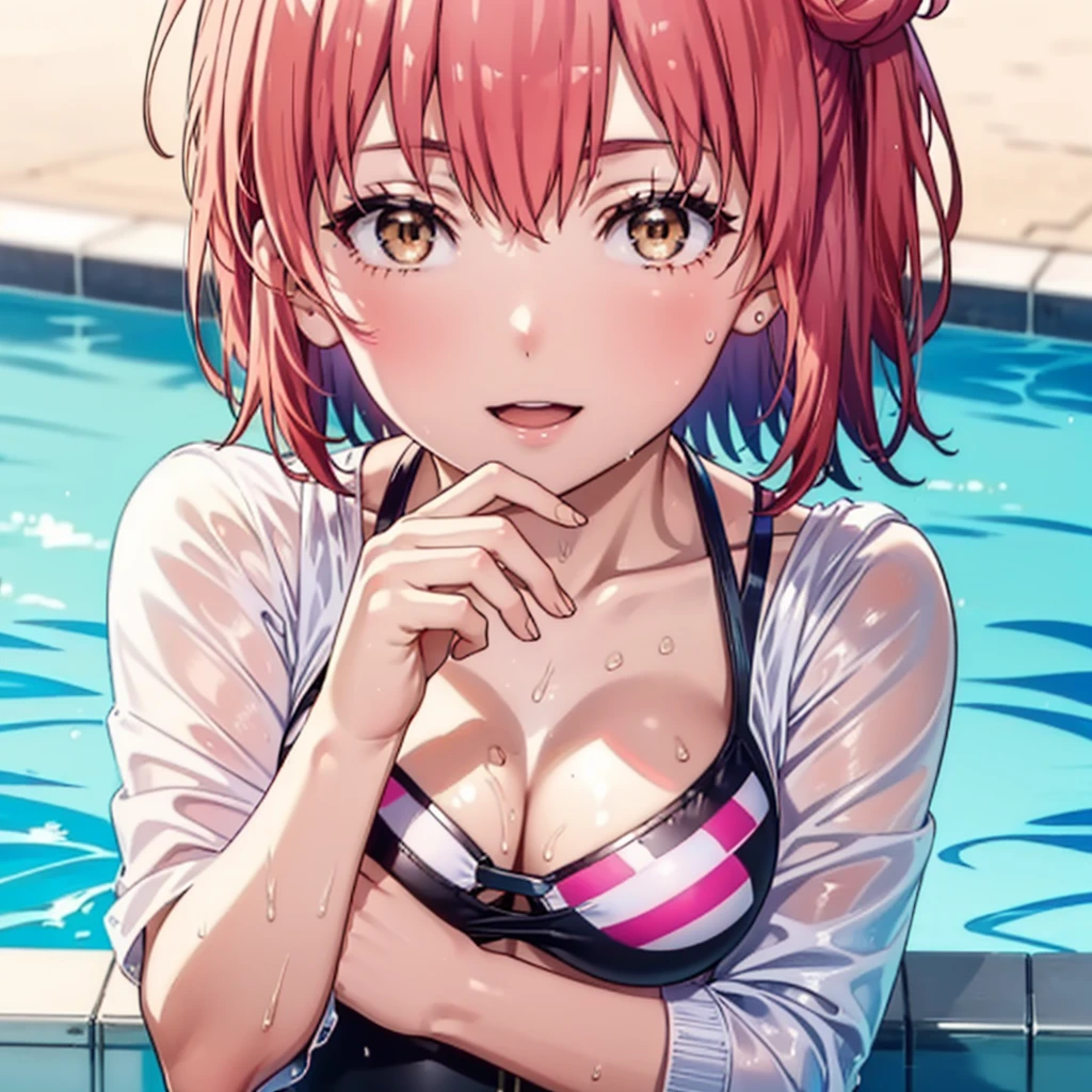 yuiyuigahama, yui yuigahama, short hair, (Brown eyes:1.5), (Pink Hair:1.2), Hair Bun, single Hair Bun, Big Breasts,happy smile, smile, Open your mouth,smile,Bikini Swimwear,barefoot,Wet Skin,Wet Hair,Wet swimsuit,So that the whole body goes into the illustration,crowd, people々々,
break outdoors,Outdoor swimming pool,
break looking at viewer, Everyone,
break (masterpiece:1.2), Highest quality, High resolution, unity 8k wallpaper, (figure:0.8), (Beautiful attention to detail:1.6), Highly detailed face, Perfect lighting, Highly detailed CG, (Perfect hands, Perfect Anatomy),