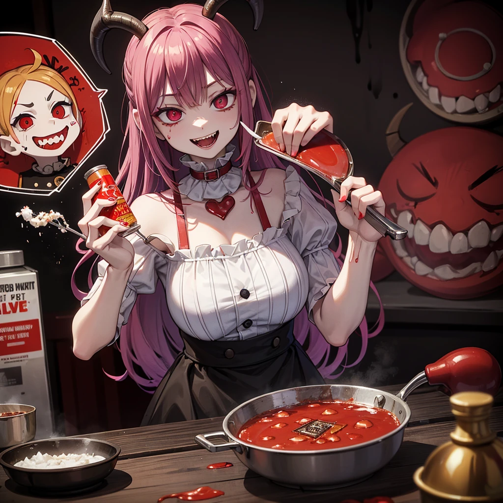demon clown laughing and cooking the head of a young woman possessed by ?????, in a large pan, in the sauce several drug capsules and cigarette butts, a highly strong, macabre, and horror image,