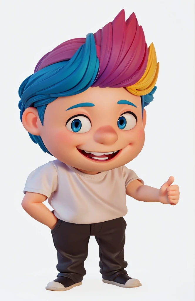 Enhance the image of a full-body 3D character by focusing on a Disney Pixar modeling style. Keep the color palette vibrant, with colorful hair, bright blue eyes, and a smile showing off your top teeth. The character's left hand should be giving the thumbs up sign, while the character's right hand is in their pocket. Ensure the final image has a polished finish with high-quality 3D rendering. The character should have a clean, detailed look, with soft shadows and realistic lighting. The final image must be rendered in 8K quality. The background can be simplified or replaced with a more neutral environment if necessary.