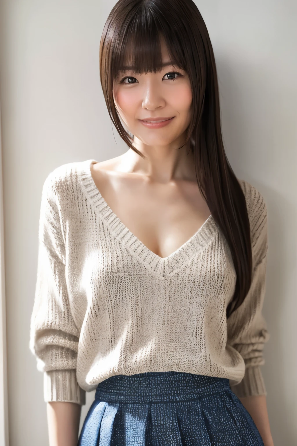 Highest quality、Tabletop、Best image quality、Award-winning works)、 pretty girl、(Elegant brown V-neck knit sweater:1.2)、(An elegant skirt made of Melton fabric.:1.2)、Perfect girl portrait photo、Glowing Skin、Standing Elegantly、(The simplest blurry background:1.1)、Glowing White Skin、Very white skin、smile、face closeup,  Small cleavage