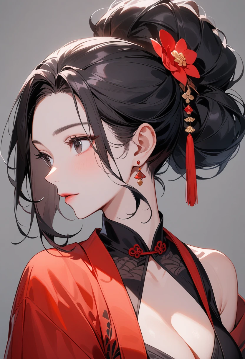 Mature women，Black long hair，Hair up，Red Hanfu，Showing cleavage，Show your shoulders，Beautiful black eyes，Extremely detailed，high resolution，Simple background