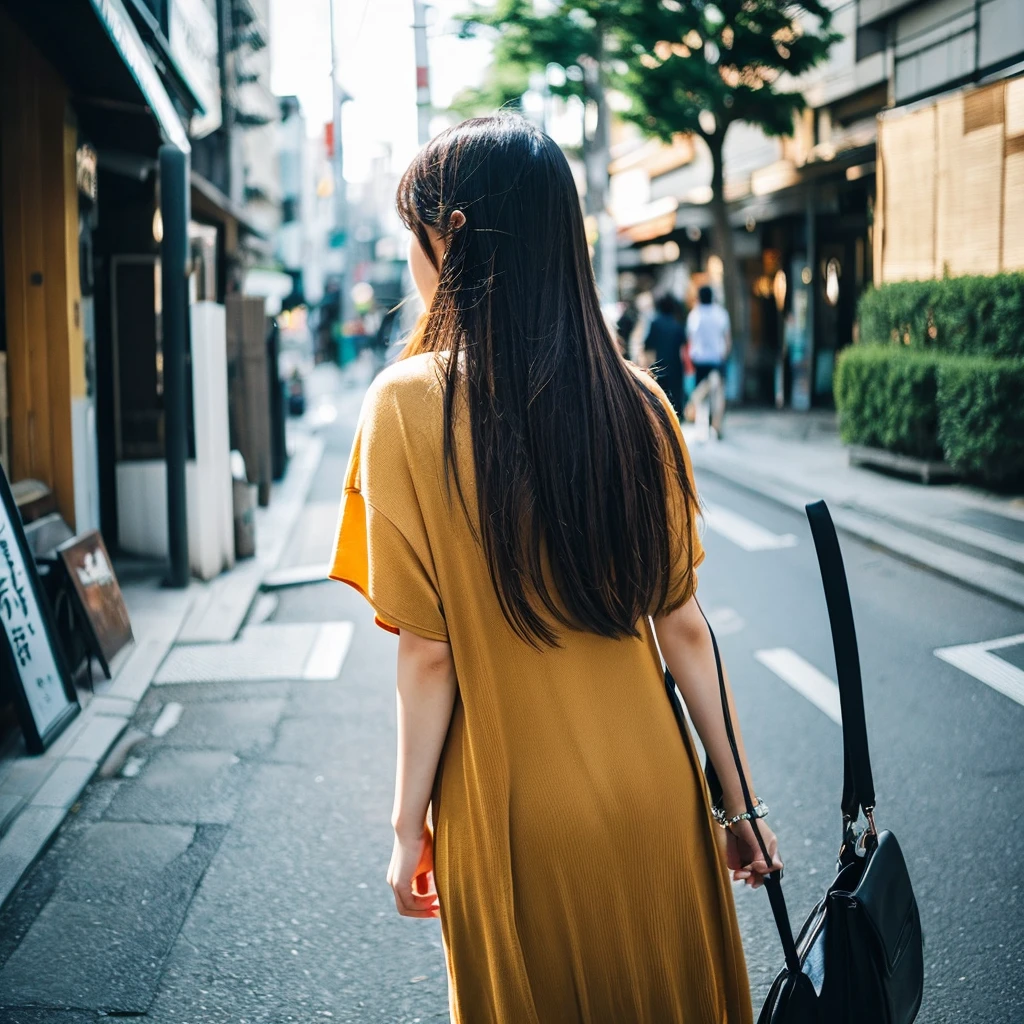 iPhone 15pro photo, cool fashionable japanese woman, emotional photo, single focal length lens, portrait, Japanese photography style, Photo-detailed portrait style, Full body rear facing photo
, beautiful shining straight long hair