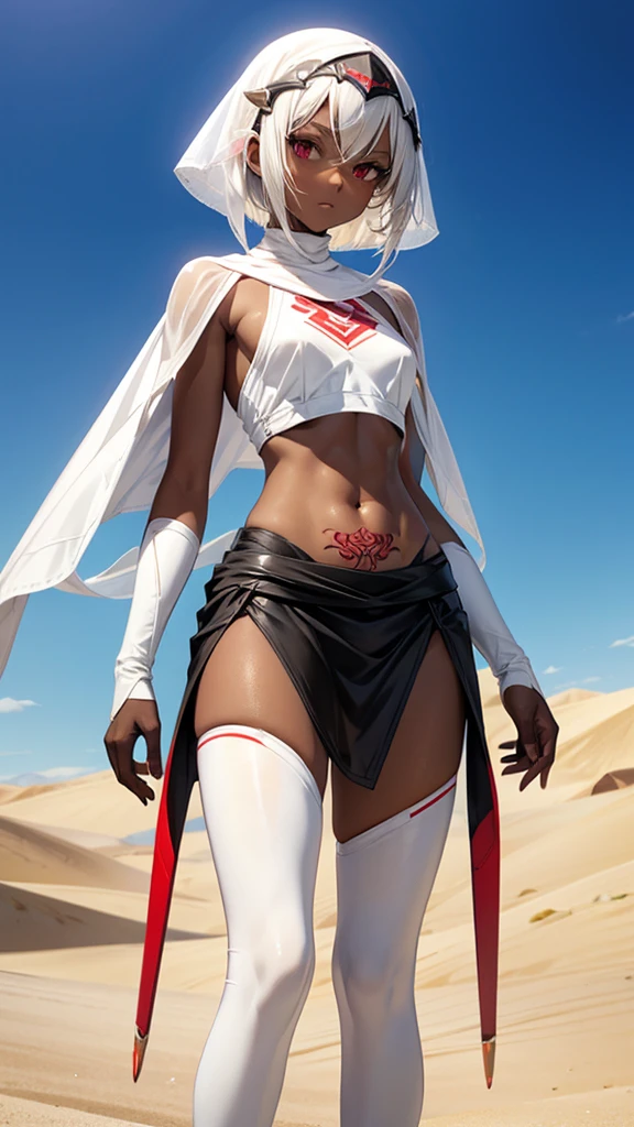 White short-haired, dark-skinned, flat-chested girl,White forehead protector,veil,Red and white sports top,thin waist,Bare waist,Tattoo,Black briefs,Transparent skirt,Bare arms,thigh,Scimitar,Standing,desert