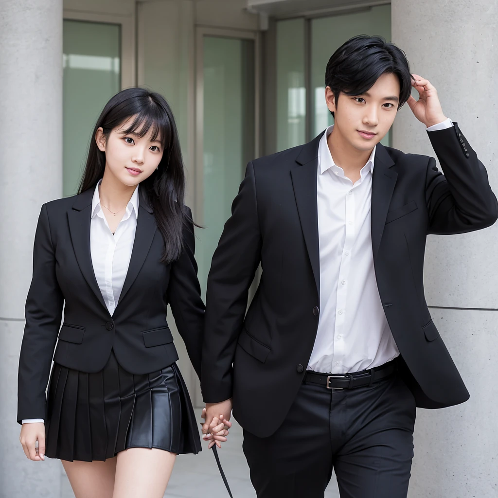 A female teacher and a male student, 157cm tall, 37 years old, with black hair, wearing a black suit jacket, a white blouse underneath, a black tight skirt and black pumps