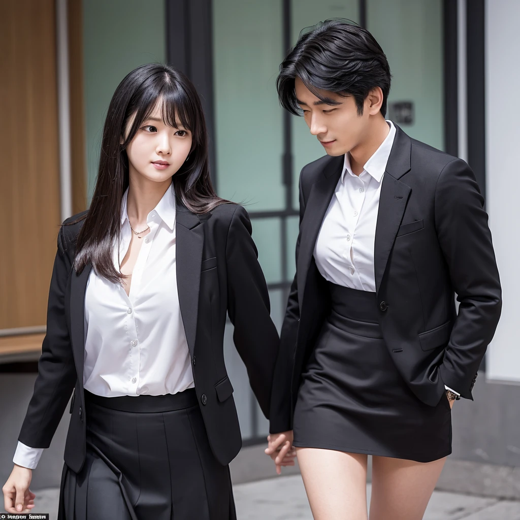 A female teacher and a male student, 157cm tall, 37 years old, with black hair, wearing a black suit jacket, a white blouse underneath, a black tight skirt and black pumps