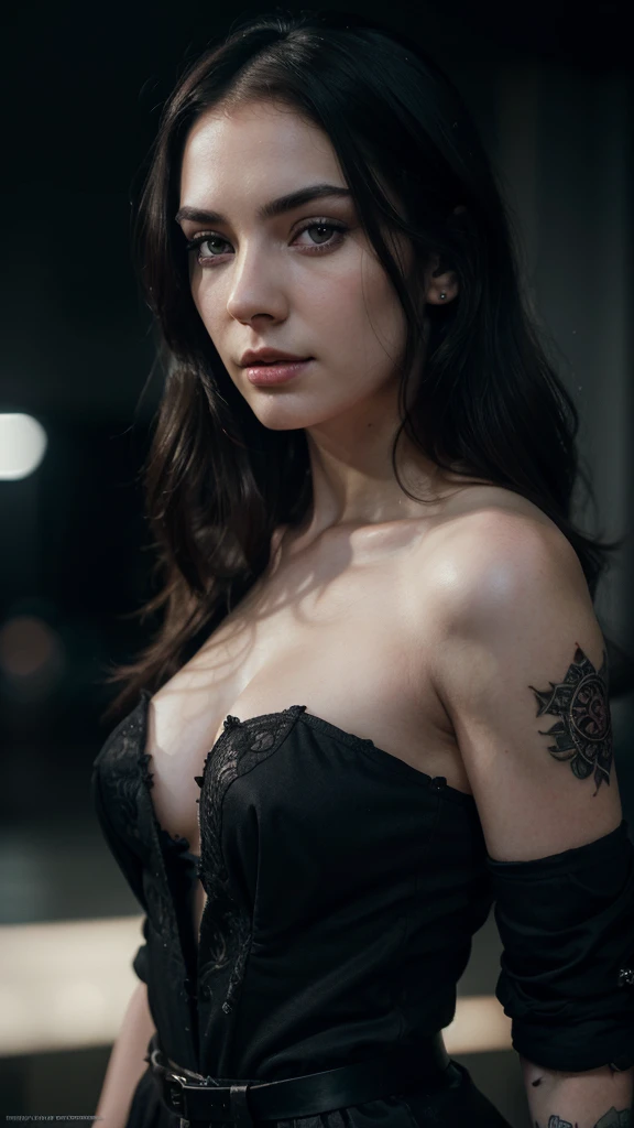 a beautiful dark-haired woman with pale skin and a piercing in her right eyebrow, detailed realistic portrait, high quality, hyper detailed, cinematic lighting, dramatic colors, intricate details, photorealistic, 8k, masterpiece