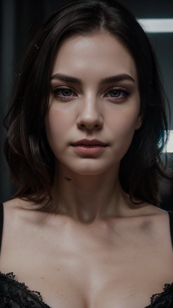 a beautiful dark-haired woman with pale skin and a piercing in her right eyebrow, detailed realistic portrait, high quality, hyper detailed, cinematic lighting, dramatic colors, intricate details, photorealistic, 8k, masterpiece