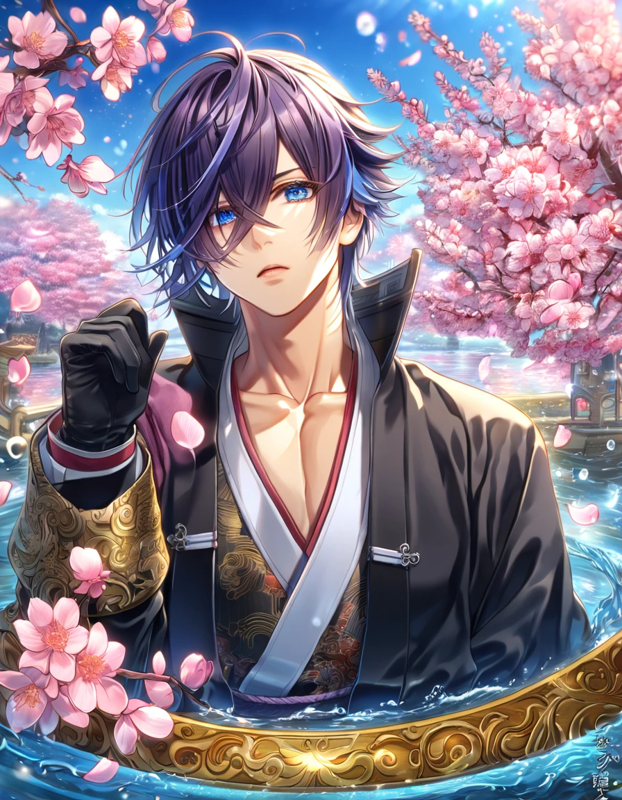 absurdres, highres, ultra detailed, HDR, master piece, best quality, Hajime Saito, indigo hair, short hair, hair over the right eye, expressive blue eyes, Hakuouki, solo, sexy man, handsome, black military uniform, black gloves, water, fantasy, magical, shining, pink flowers, pink blossoms, pink petals