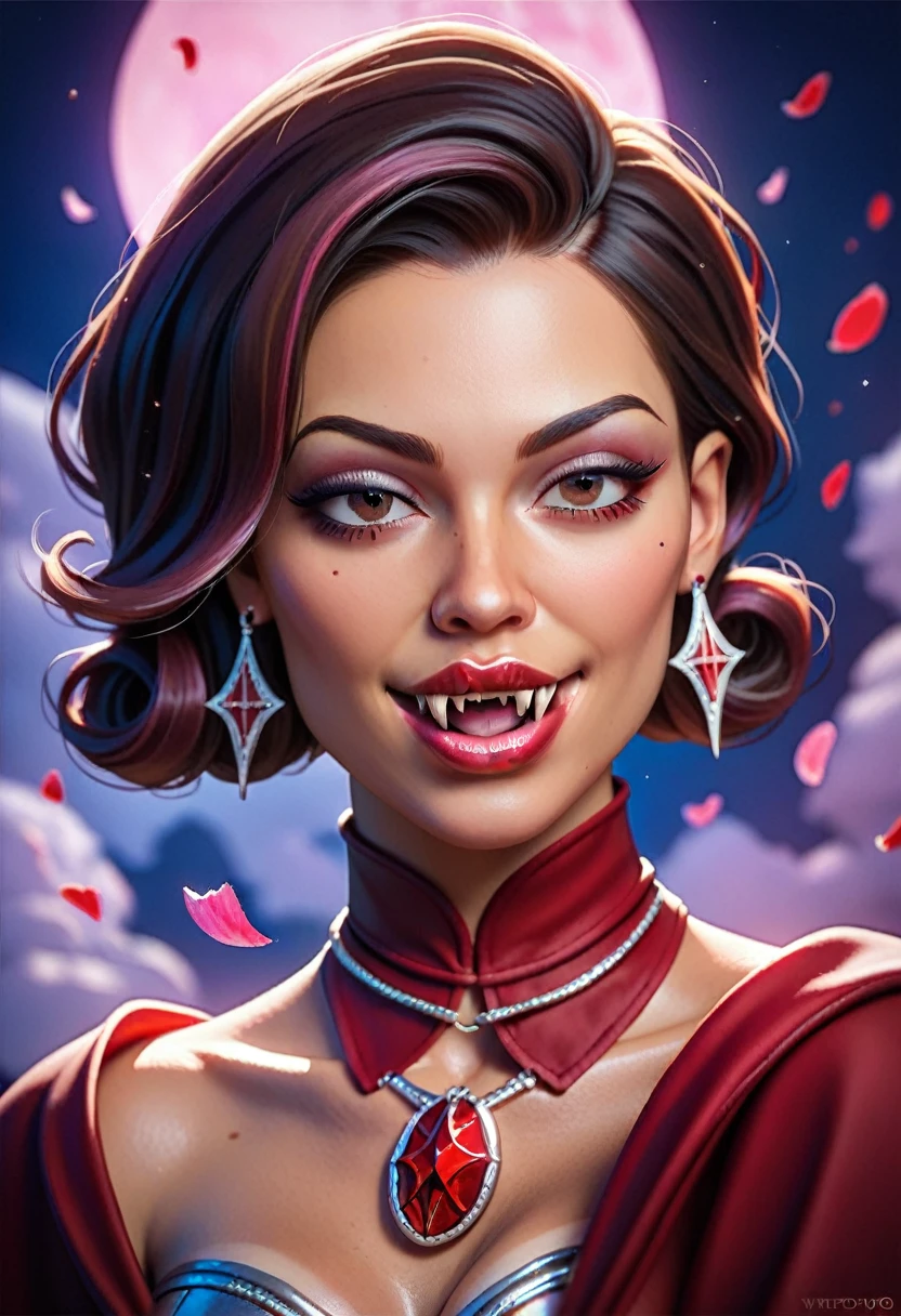 charming witch selena gomez, bewitching bedroom eyes, thick lips, vampire fangs, tanned tan skinned, vampiress, red lipstick, pink glossy lips, metallic eyeshadow, detailed face, slim body, medium close-up