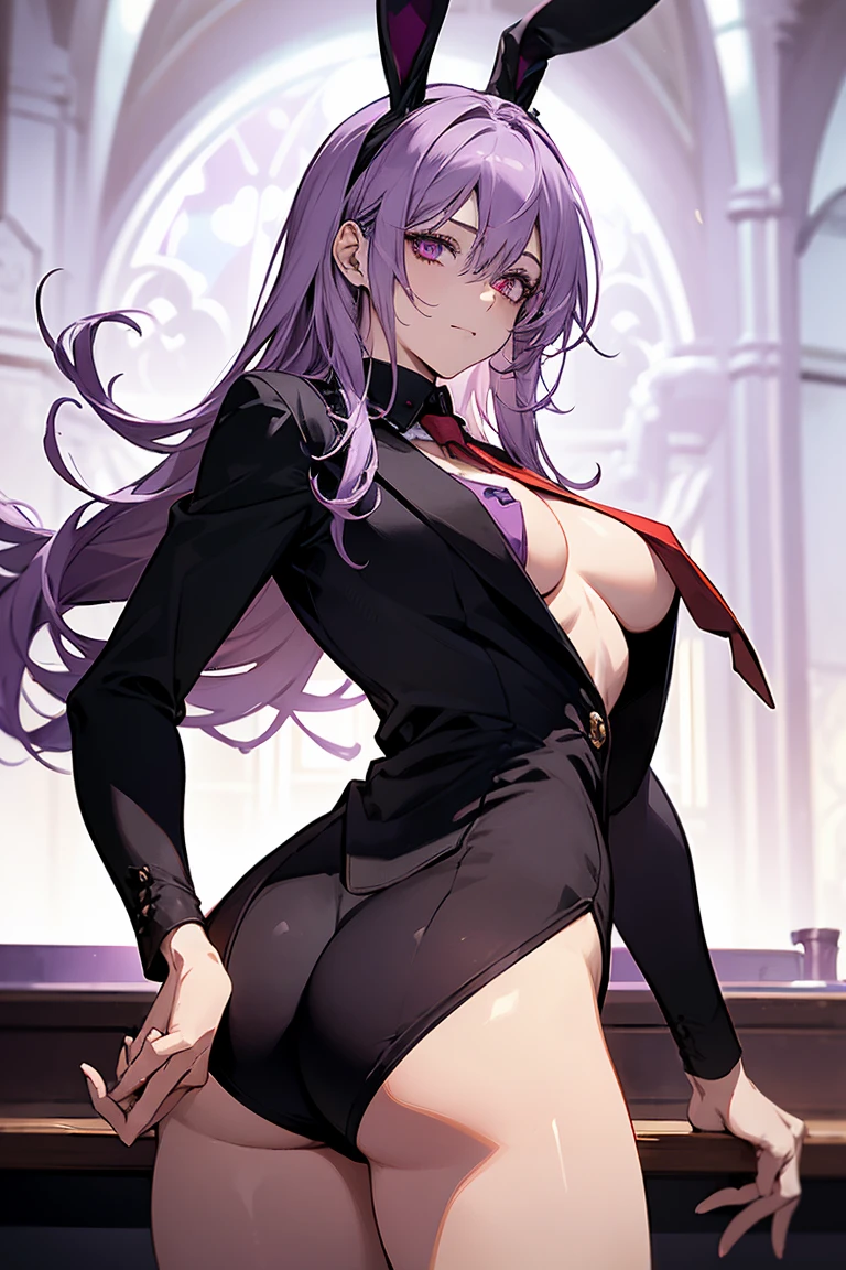 1 totally naked female, maestro, wearing an open black suit that shows her tits, light purple tie, sin shorts, you can see his naked ass, Thick, light purple hair, wide, light purple rabbit ears, light red eyes, face to detail, detailed eyes, the background is a pizzeria, happy, playing a red guitar.