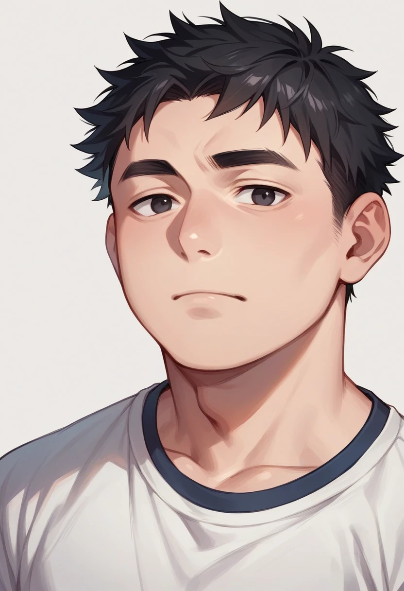 Portrait of a male face, black eyes and dull look, short black hair, chubby, student clothes manga version