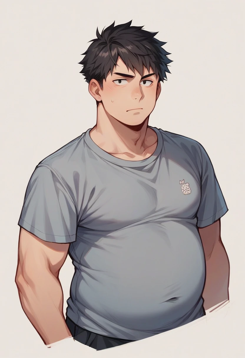 Portrait of a male face, black eyes and dull look, short black hair, chubby, student clothes manga version