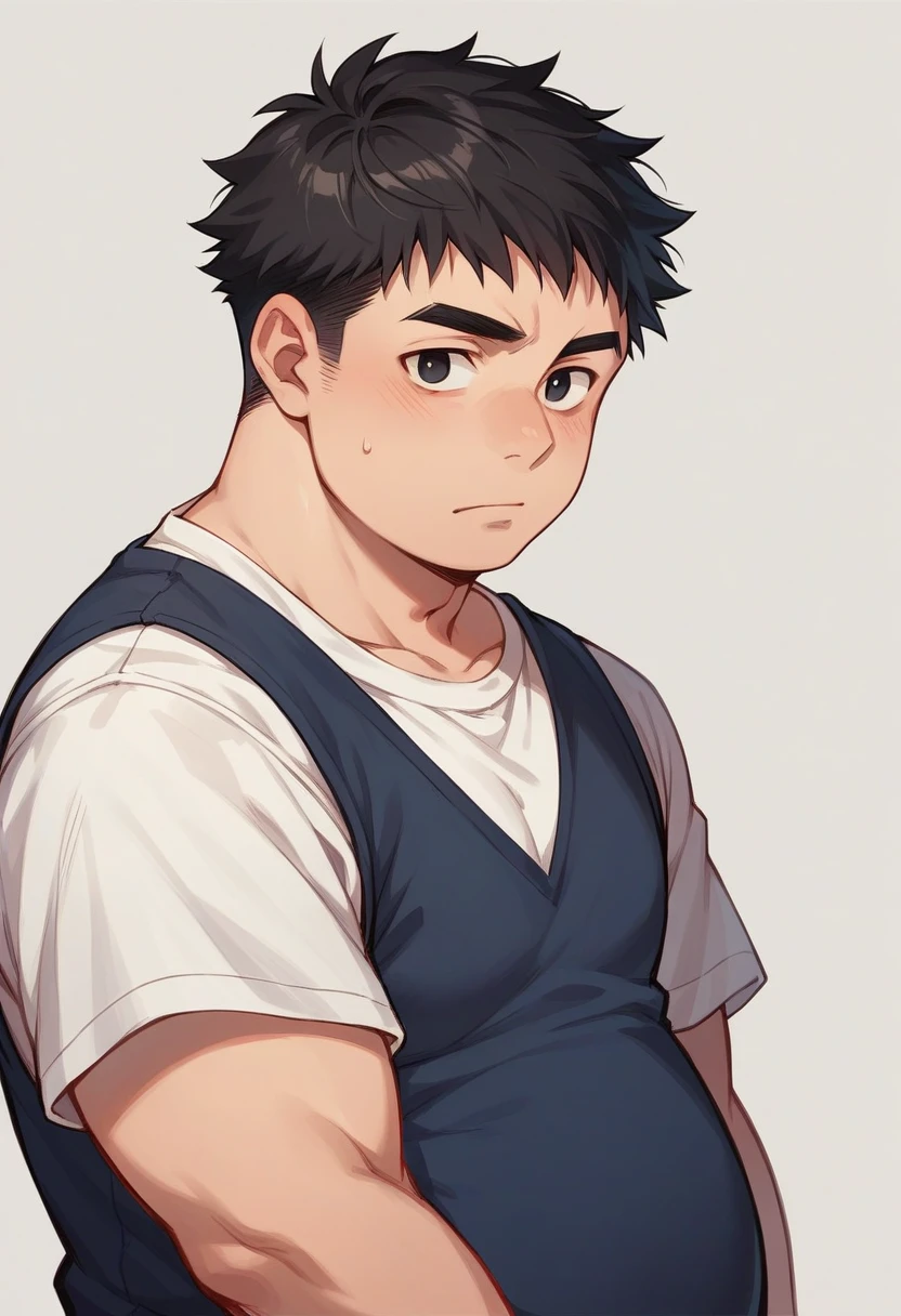Portrait of a male face, black eyes and dull look, short black hair, chubby, student clothes manga version