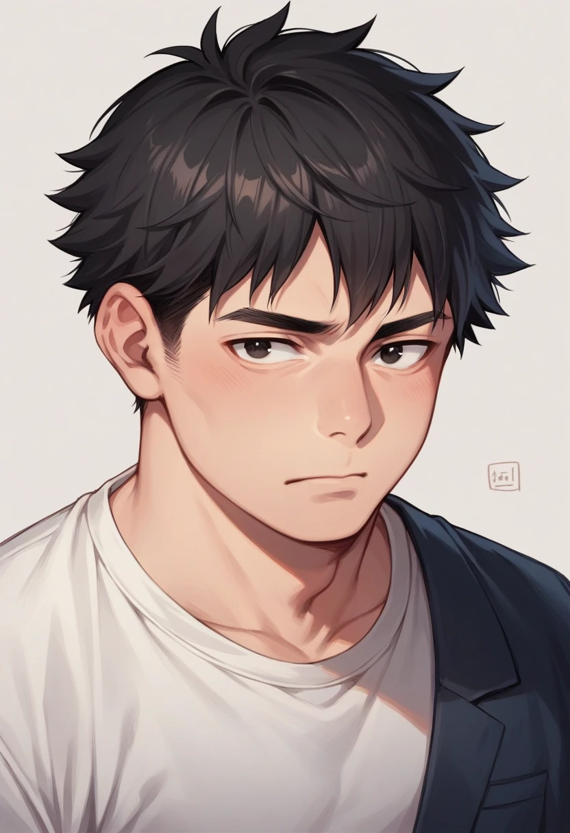 Portrait of a male face, black eyes and dull look, short black hair, chubby, student clothes manga version 