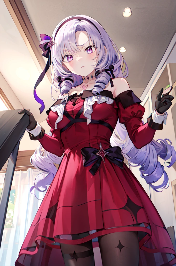 masutepiece, Best Quality, hight resolution, Head-on, (From below:1.2), hmsalome, Drill Hair, Parted bangs, black hairband, bow ribbon, Purple eyes, Large breasts, The tattoo, Red dress, Long sleeves, Bare shoulders, Black Gloves, frown, Indoors, (wide eyed:1.2)