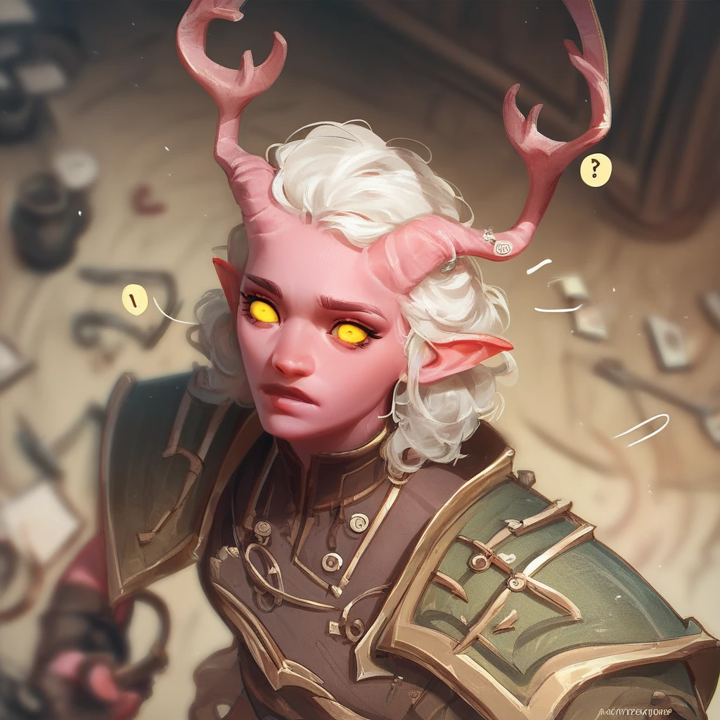 (((comely, high qualiy))), portraite, punctuation_9, punctuation_8_High above, punctuation_7_High above, tiefling, pointy ears, antlers, colored sclera, 1 girl, Pink skin, White hair, yellow eyes, armors, Fantasy Background, nblurry background