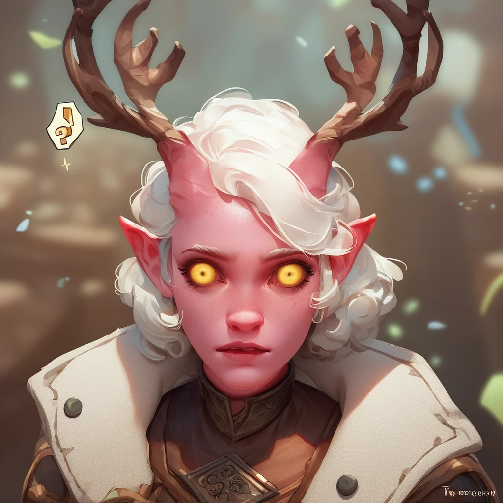 (((comely, high qualiy))), portraite, punctuation_9, punctuation_8_High above, punctuation_7_High above, tiefling, pointy ears, antlers, colored sclera, 1 girl, Pink skin, White hair, yellow  eyes, armors, Fantasy Background, nblurry background