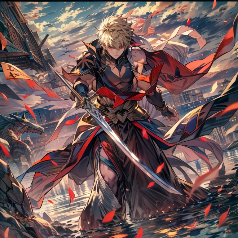 8K, Mouthpiece, ((One beautiful man)),((Fate Stay Night Drawing)), Gilgamesh Male Solo, Emperor, whole body, Fighting on a Desolate Hill, Visibility is poor due to dust, ((One beautiful man)), ((Red eyes)), Long Hair, blonde, Wrap a turban around your head, (background: Countless swords floating in the air, All facing the same direction, Different types of swords),