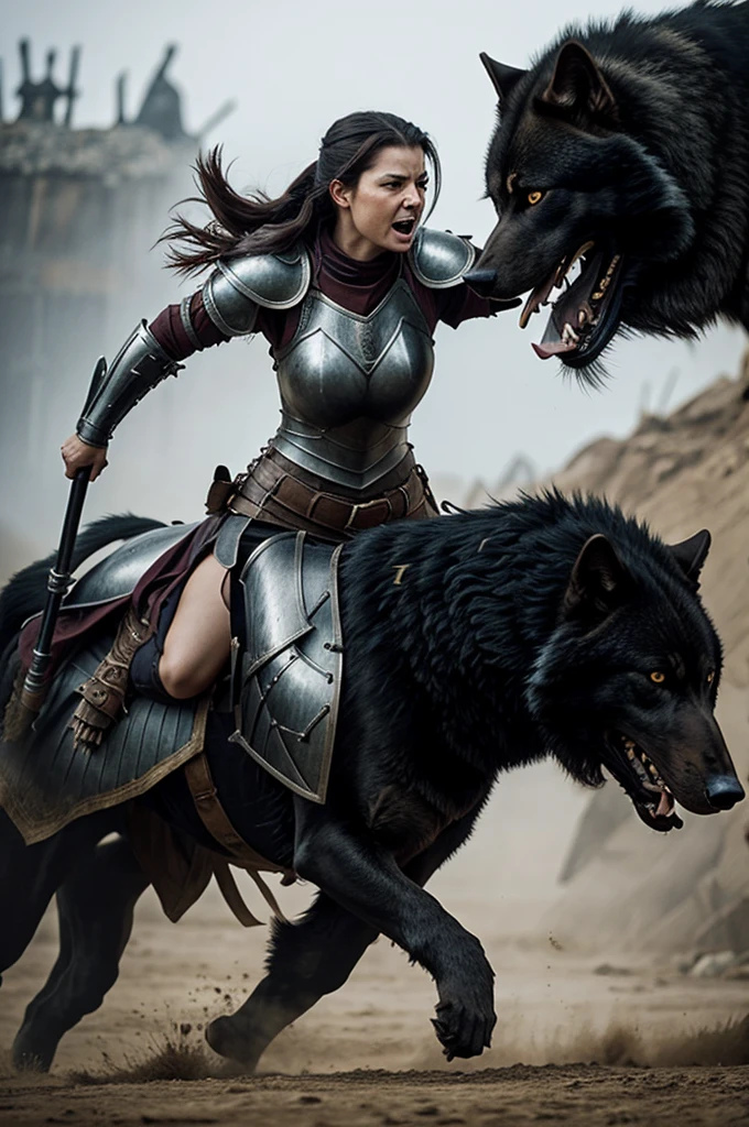 Medieval warrior woman in armor and angry black wolf animal fighting