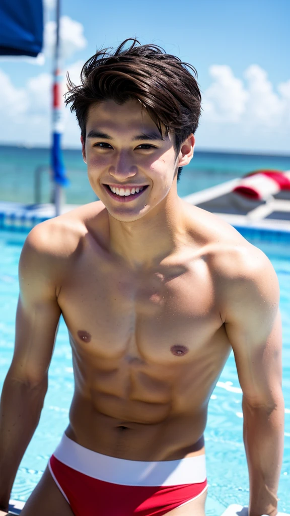 male Age 25 swimwear lifeguard topless smile