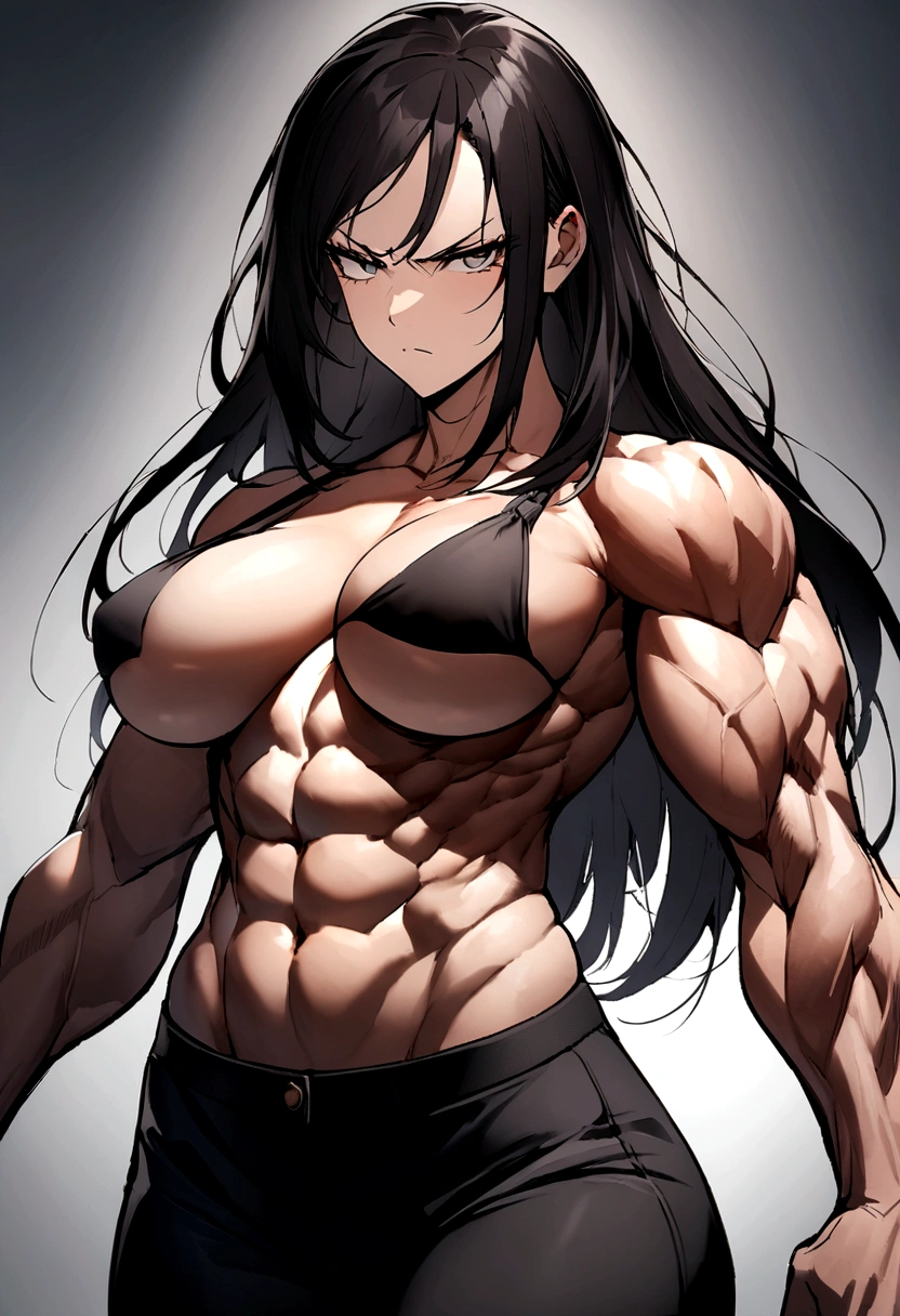 Create and image of a woman she wears dark pants, has straight dark hair, and is shirtless showing her breasts, she has a very muscular and toned body, She has a serious face 