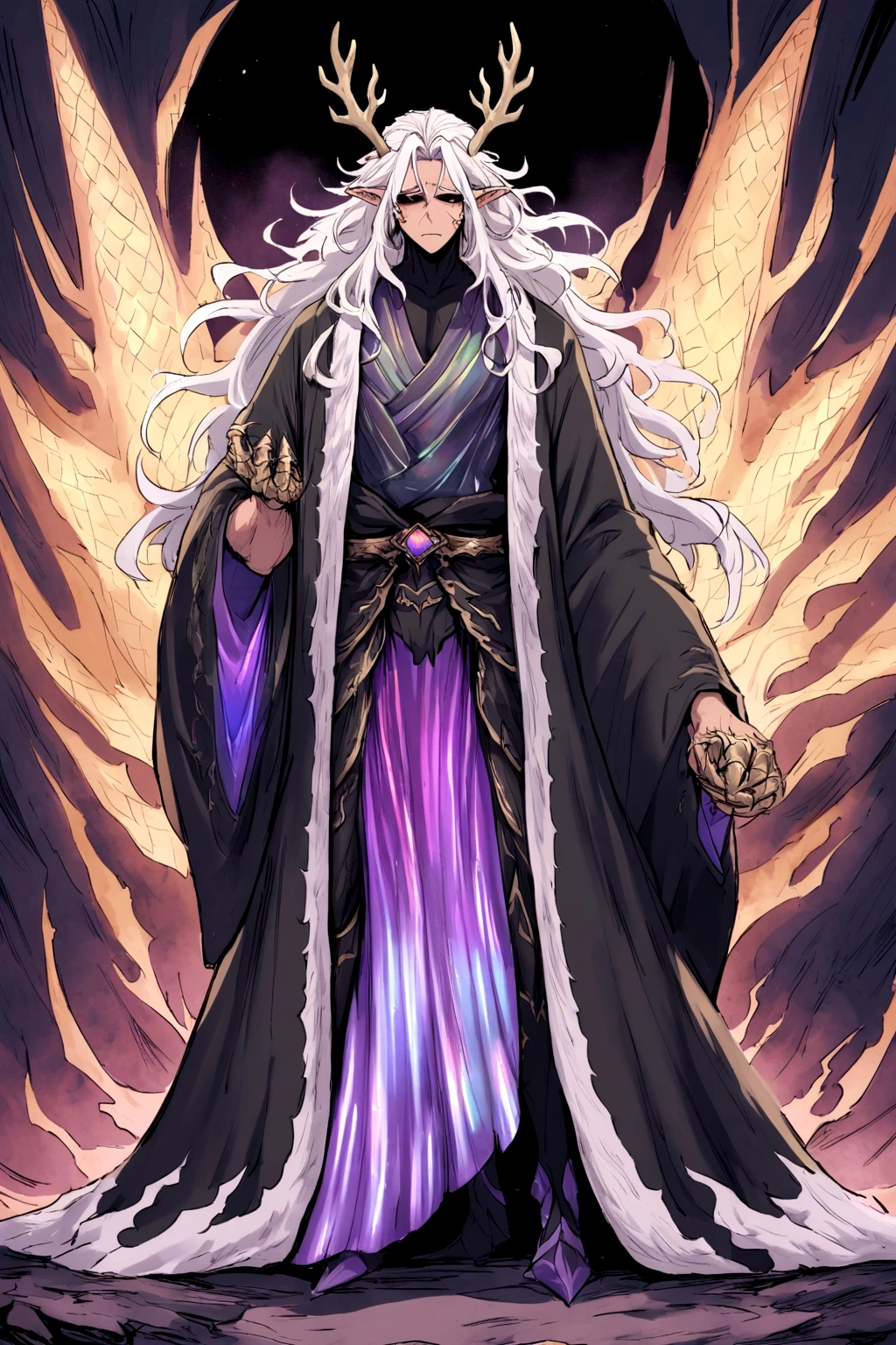 solo, male teen, character fusion, nidhogg fused with odin and sun wukong, tall tanned man with wild unruly white hair, bangs on face, bangs, ((iridescent irises)), black sclera on eyes, long voluminous hair, spiky hair, pointy ears, fit , clawed fingers, dragon tail, open haori, turtleneck tanktop, manly jaw, dark crystal antlers, exhausted expression, khaenr'ah abyss, draconic person, calamity incarnate, full body