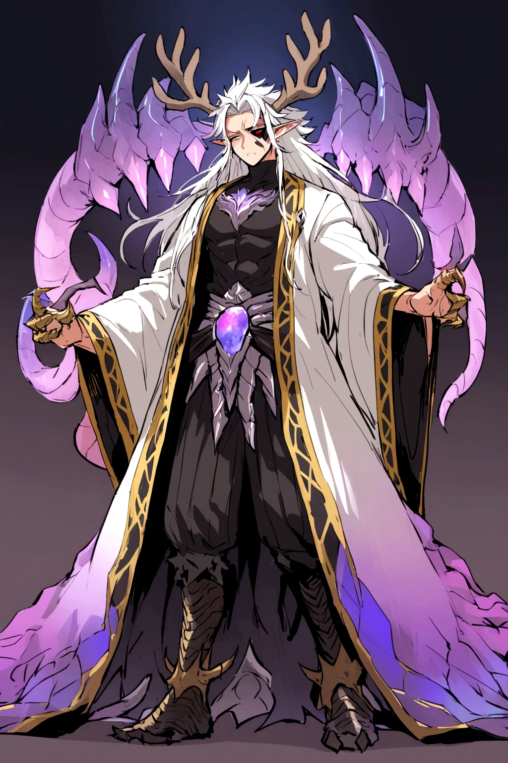 solo, male teen, character fusion, nidhogg fused with odin and sun wukong, tall tanned man with wild unruly white hair, bangs on face, bangs, ((iridescent irises)), black sclera on eyes, long voluminous hair, spiky hair, pointy ears, fit , clawed fingers, dragon tail, open haori, turtleneck tanktop, manly jaw, dark crystal antlers, exhausted expression, khaenr'ah abyss, draconic person, calamity incarnate, full body