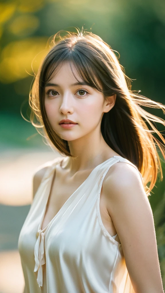(Random Nationality):1.5, masterpiece, Highest quality, 8K, 20th Generation, (Large Breasts:1.2), cute, alone, sad, close, cute, Girlish, Delicate girl, Pure beauty,  RAW Photos, Professional photography, Portraiture, Soft Light, Professional Lighting, Backlight, Upper Body, avert your eyes, Sophisticated, Film Grain, (Eyes and facial details:1.0), Beautiful straight hair, Hair swaying in the wind, Silk blouse, Random hairstyle