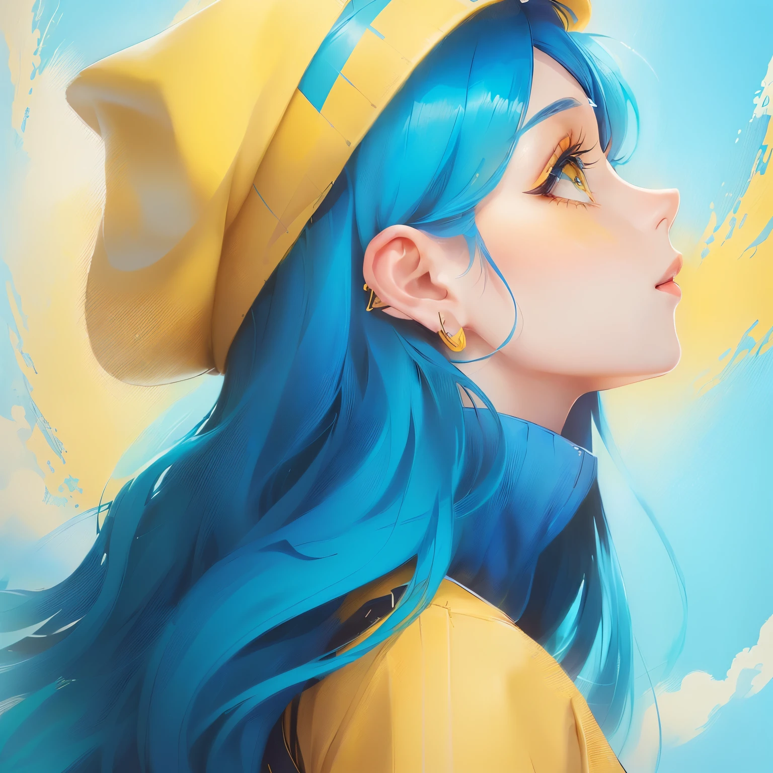 a woman with blue hair and a yellow hat looking up, in blue and yellow clothes, trending on artstration, illustration style, anime style illustration, some yellow and blue, yellow and blue, 2 d illustration, 2d illustration, colorful illustration, blue and yellow, girl with blue hair, stunning art style, anime illustration, beautiful drawing style, anime art style