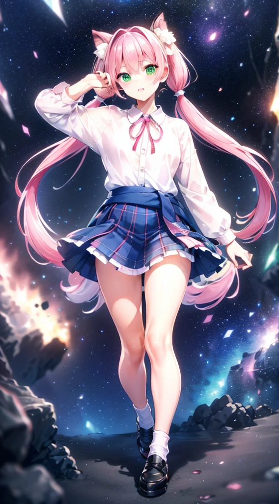 High detail, Super detailed, Ultra-high resolution, A girl having fun in a dreamlike galaxy, Surrounded by stars, The warm light that shines on her, Starry background with colorful galaxies and galactic clouds, The stars fly around her, Add a playful touch ,(((Pink long hair)))、(((Half Twin Tail)))、solo、Green Eyes、skirt、(((long back hair)))、shirt、shoes下、(Blue waistband)、白いshirt、格子縞のskirt、Plaid、sleevesa rolled up、chest、襟付きshirt、ribbon、Knee-high、bangs、shoes、茶色のskirt、赤いribbon、茶色のプリーツskirt、Mouth closed、ネックribbon、Medium breast 