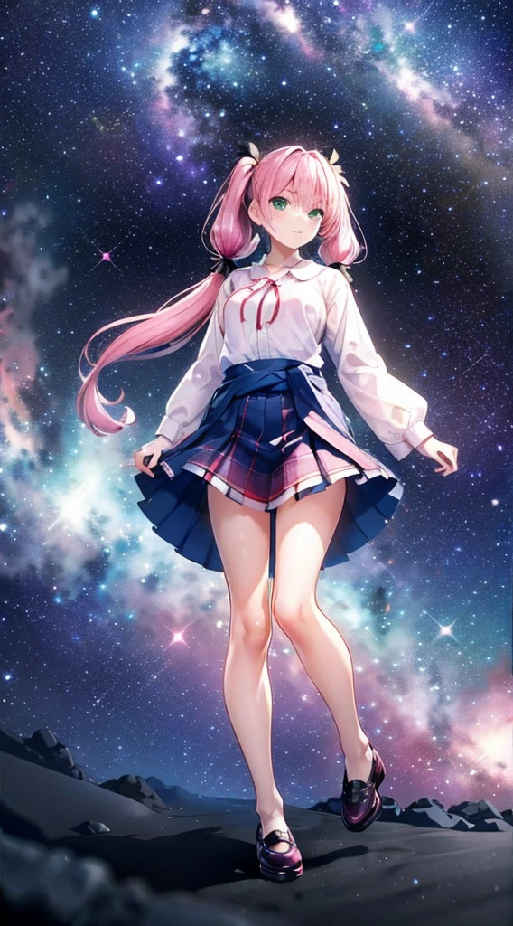 High detail, Super detailed, Ultra-high resolution, A girl having fun in a dreamlike galaxy, Surrounded by stars, The warm light that shines on her, Starry background with colorful galaxies and galactic clouds, The stars fly around her, Add a playful touch ,(((Pink long hair)))、(((Half Twin Tail)))、solo、Green Eyes、skirt、(((long back hair)))、shirt、shoes下、(Blue waistband)、白いshirt、格子縞のskirt、Plaid、sleevesa rolled up、chest、襟付きshirt、ribbon、Knee-high、bangs、shoes、茶色のskirt、赤いribbon、茶色のプリーツskirt、Mouth closed、ネックribbon、Medium breast