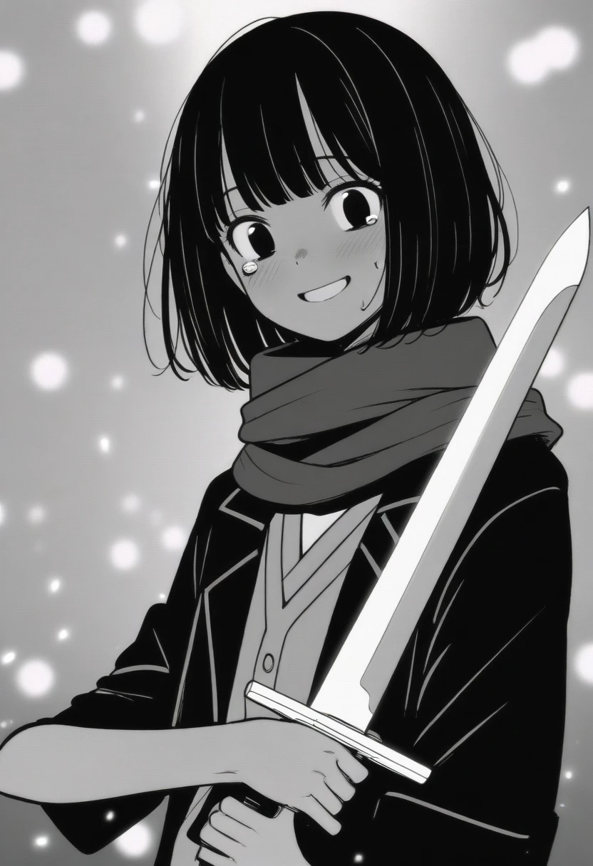 masterpiece, best quality, 1girl, mamerakkkkko, grayscale, manga style, japanese, chi no wadachi, black eyes, street, iced, black hair, schoolbag, smile, lineart, black coat, black scarf, black pleated skirt, leggings, centered, 18 years old, tall, fair skinned, bokeh background, crying, tears, tears streaming, bob cut, light particles, snowing, (((holding sword:1.5, perfect hand, detailed hand:1.1)), emotional anime scene
