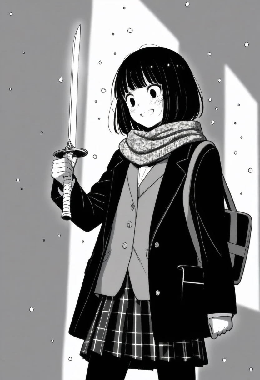 masterpiece, best quality, 1girl, mamerakkkkko, grayscale, manga style, japanese, chi no wadachi, black eyes, street, iced, black hair, schoolbag, smile, lineart, black coat, black scarf, black pleated skirt, leggings, centered, 18 years old, tall, fair skinned, bokeh background, crying, tears, tears streaming, bob cut, light particles, snowing, (((holding sword:1.5, perfect hand, detailed hand:1.1)), emotional anime scene