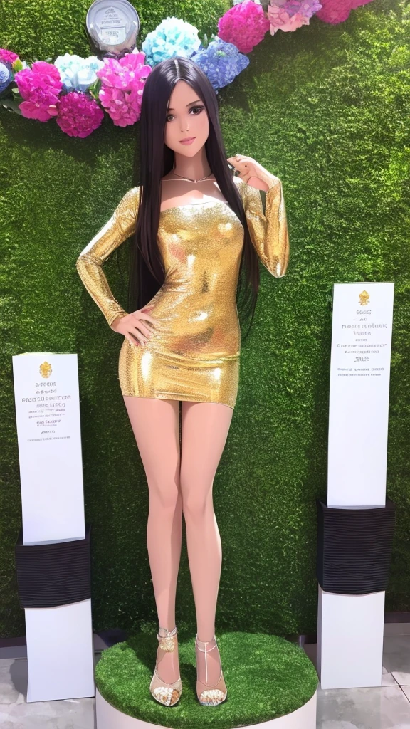 A Female young soccer player gorgeous Latina 19 years old girl called "sophia" turned into resin, shiny mannequin, shiny skin, resin body, doll, frozen in place, Long brown straight hair flower decor, short height, prettiest facial features, hand on her hips, expressive pose, face features, pretty smile, purple bodycon dress, standing barefoot on a plaque round pedestal, on display, that says "Sophia violet", fancy livingroom, photorealism.