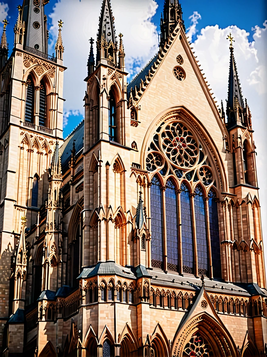  a realistic photo of grand Gothic cathedral,showcasing detailed spires,pointed arches,and ornate rose windows,(masterpiece:1.3),(best quality:1.3),(high resolution:1.2),(high detail:1.2) . 35mm photograph,film,bokeh,professional,4k,highly detailed,