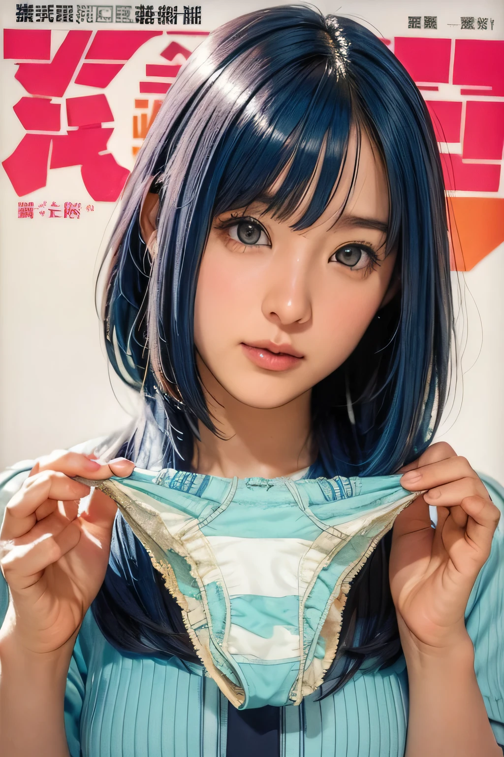 Very large blue panties、Gold Hair、Face is close、Close face、Panties in front、Showing panties、Very big panties、Pretty big panties