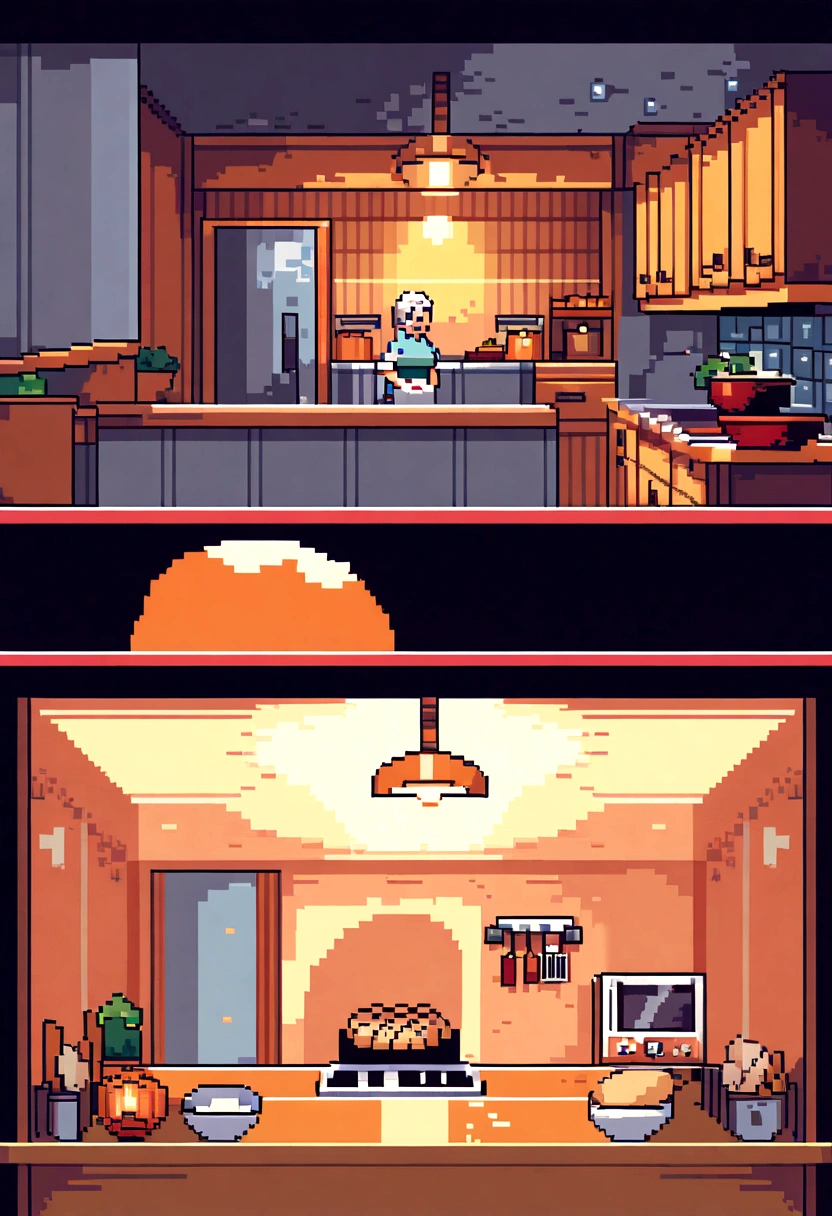 (Best Quality,high resolution), pixel art, vibrant colors, nostalgic atmosphere, Immersive gameplay, 8-bit graphics, pixel perfect controls, A grandma, kitchen, making bread, kitchenndo
