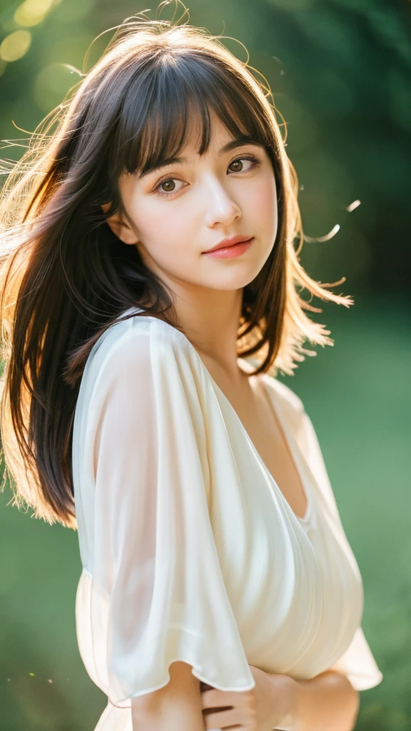 (Random Nationality):1.5, masterpiece, Highest quality, 8K, 20th Generation, (Large Breasts:1.2), cute, alone, sad, close, cute, Girlish, Delicate girl, Pure beauty, RAW Photos, Professional photography, Portraiture, Soft Light, Professional Lighting, Backlight, Upper Body, avert your eyes, Sophisticated, Film Grain, (Eyes and facial details:1.0), Beautiful straight hair, Hair swaying in the wind, Silk blouse, Random hairstyle