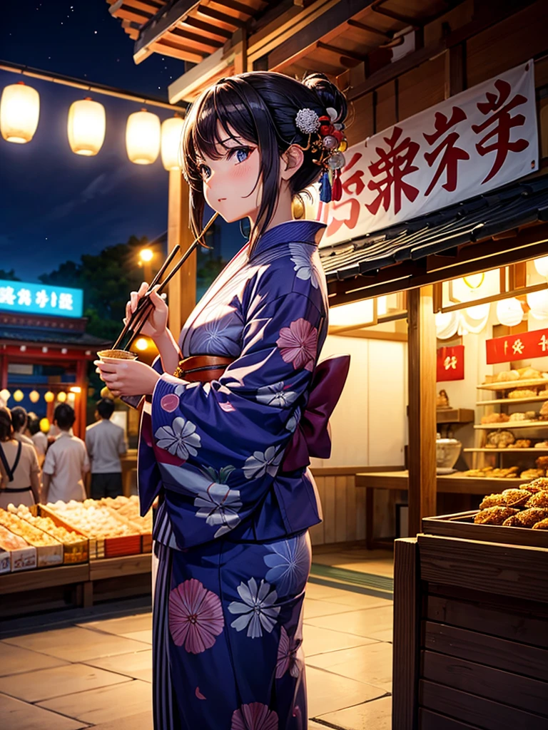 Highest quality,Highest Resolution,fair,Night Festival,shrine,Woman in yukata,Eat at street food stalls,Opening a store,