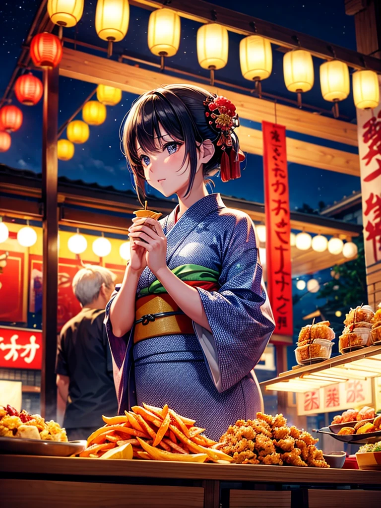 Highest quality,Highest Resolution,fair,Night Festival,shrine,Woman in yukata,Eat at street food stalls,Opening a store,
