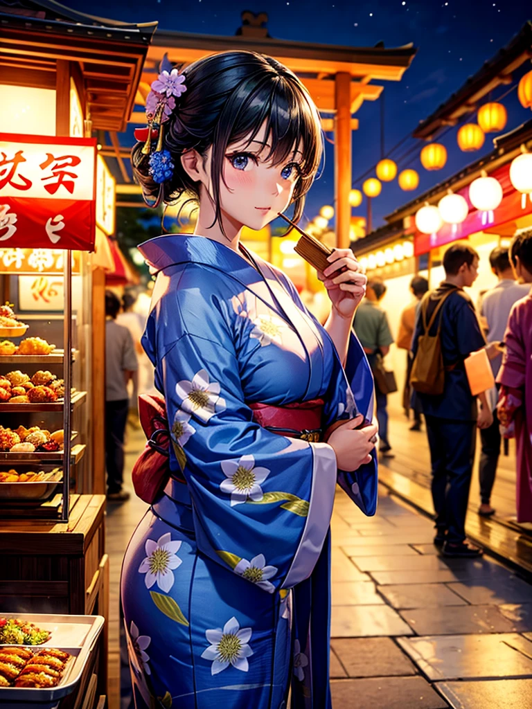 Highest quality,Highest Resolution,fair,Night Festival,shrine,Woman in yukata,Eat at street food stalls,Opening a store,