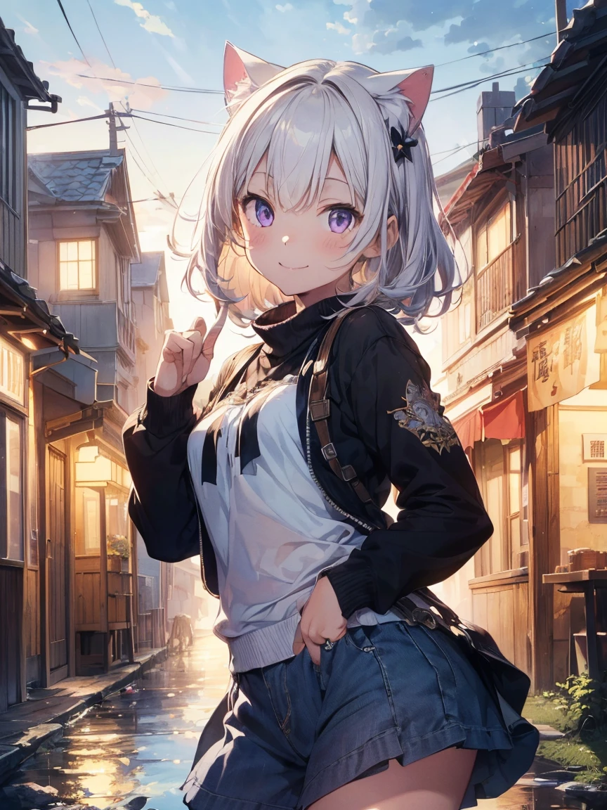 (((masterpiece))), (((Highest quality))), ((Very detailed)), ((Very detailedなイラスト)), ((Ultra-fine painting)), (16K Highest quality wallpaper:1.4), (Detailed and elaborate illustration style,:1.8) Detailed skin texture, High quality fabric, , (T-masterpiece), (Very detailedな顔:1.4), original, RAW Photos, Professional, Intricate details, Very detailed, Direct sunlight:1.6, ,(Cowboy Shot:1.9)、(Perfect Anatomy:1.4), (Extremely elaborate hands:1.2), (Very elaborate fingers:1.2), (Very elaborate fingers先:1.2),, (alone:1.6), (beautiful and adorable cat ears:1.6), (Intricate and delicate cat ears:1.4), (beautiful, Shiny white hair:1.6), (Very fine and delicate white hair:1.4),, (Very detailedな顔:1.4),(Light purple eyes:1.4),(smile:1.4),relaxing style, Warm atmosphere, masterpiece, Highest quality, 非常に精巧なbeautiful顔と目, With a girl, Anime Style, (Girl Looking at the Sky), (心地よい風とbeautiful空), spring, Sitting, Little cat, sun, Wildflowers, break, stream, Small Bridge, リラックスしたsmile, Distant townscape